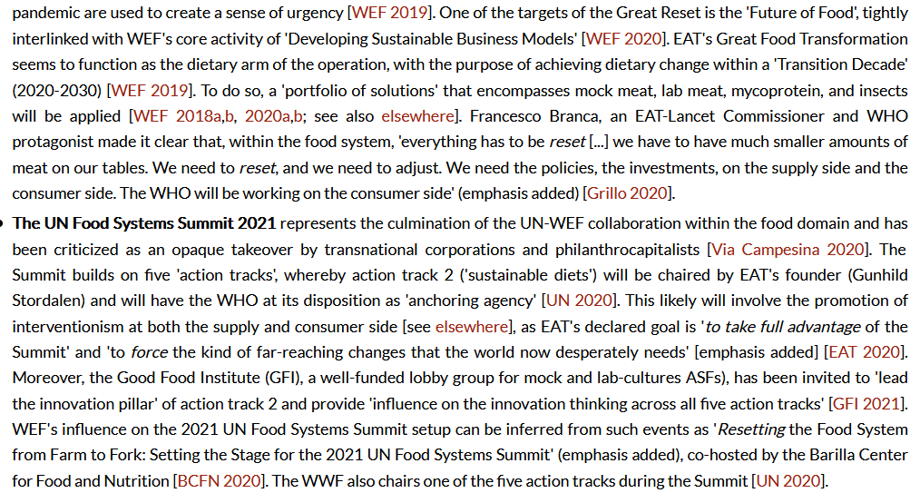 - WHO's Branca (EAT-Lancet member) wants to "reset" the food system & work on the "consumer side"- EAT's founder & Action Track 2 chair wishes to "to take full advantage of the Summit...to force" EAT's idea of change- Good Food Institute also involved https://aleph-2020.blogspot.com/2020/08/ideologies-and-vested-interests.html