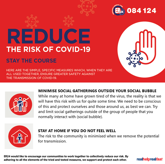 911_Response24's tweet photo. Reduce the risk of COVID-19

ER24 highlights the specific and simple measurements to be taken. Today we look at MINIMISE SOCIAL GATHERINGS

#ER24 #medicalpartners #EverySecondCounts #Response24 #protectothers #protectyourself #protectyourcommunity #yourcommunity https://t.co/YhVNbGif9b