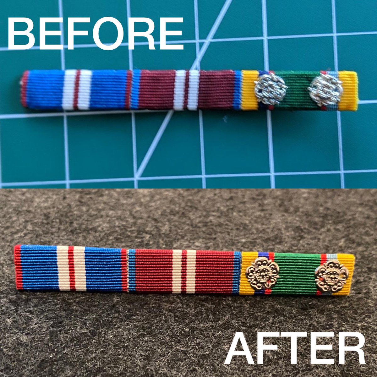 CFMmounting's tweet image. Here was a fiddly but enjoyable task! If you need a new ribbon broach, I have stock or if you simply need alterations, please get in touch! #CFMmounting #medals #medalmounting #scc #acf #rafac #atc #raf #army #navy #britishmilitary #bluelightservices