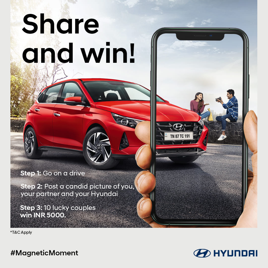 KetanNagpur's tweet photo. Share and win! Take your partner for a drive and capture a #MagneticMoment.10 couples to win e-vouchers worth INR 5000.
โขShare a fun picture of you & your partner with your #Hyundai car.
โขTag
@HyundaiIndia
& use #MagneticMoment.
T&C Apply https://t.co/qyZMkH4ezY
#ContestAle https://t.co/vn0Nq0ZztV