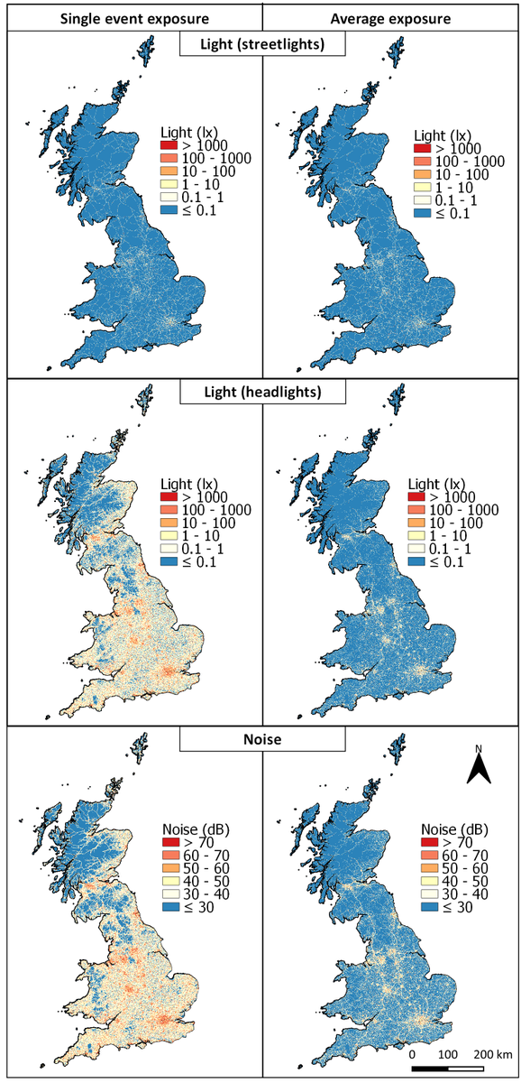 Then we modelled light and noise.On average, high light and noise levels are fairly localised. BUT most land infrequently experiences light/noise levels that may trigger ecological effects. This infrequency may make adaptation difficult. But research into this is really needed.