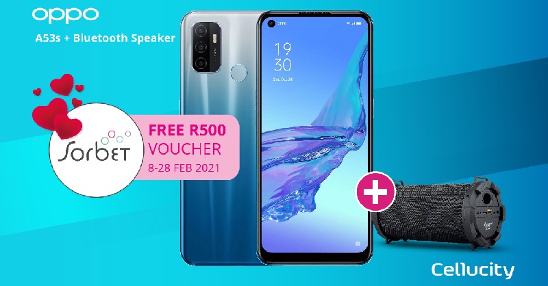 OFFER EXTENDED!
FREE R500 Sorbet Voucher with the OPPO A53s till 28 Feb or while stocks last!
Get it at a Cellucity store near you!

Contract from R299 PM
Cash R4899

Includes FREE Bluetooth Speaker.

Purchase online -> bit.ly/36Z4Erc 

@opposouthafrica
#oppoa53s #oppo