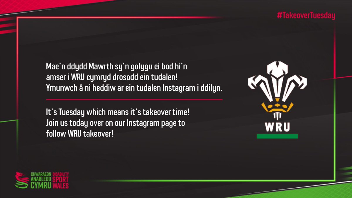 🏉 It's Tuesday which means its takeover time!
Join us today over on our Instagram page to see <a href="/WRU_Community/">WRU Community - Wrth galon y genedl</a> take over!

🏉 Mae'n ddydd Mawrth sy'n golygu ei bod hi'n amser i WRU cymryd drosodd ein tudalen!