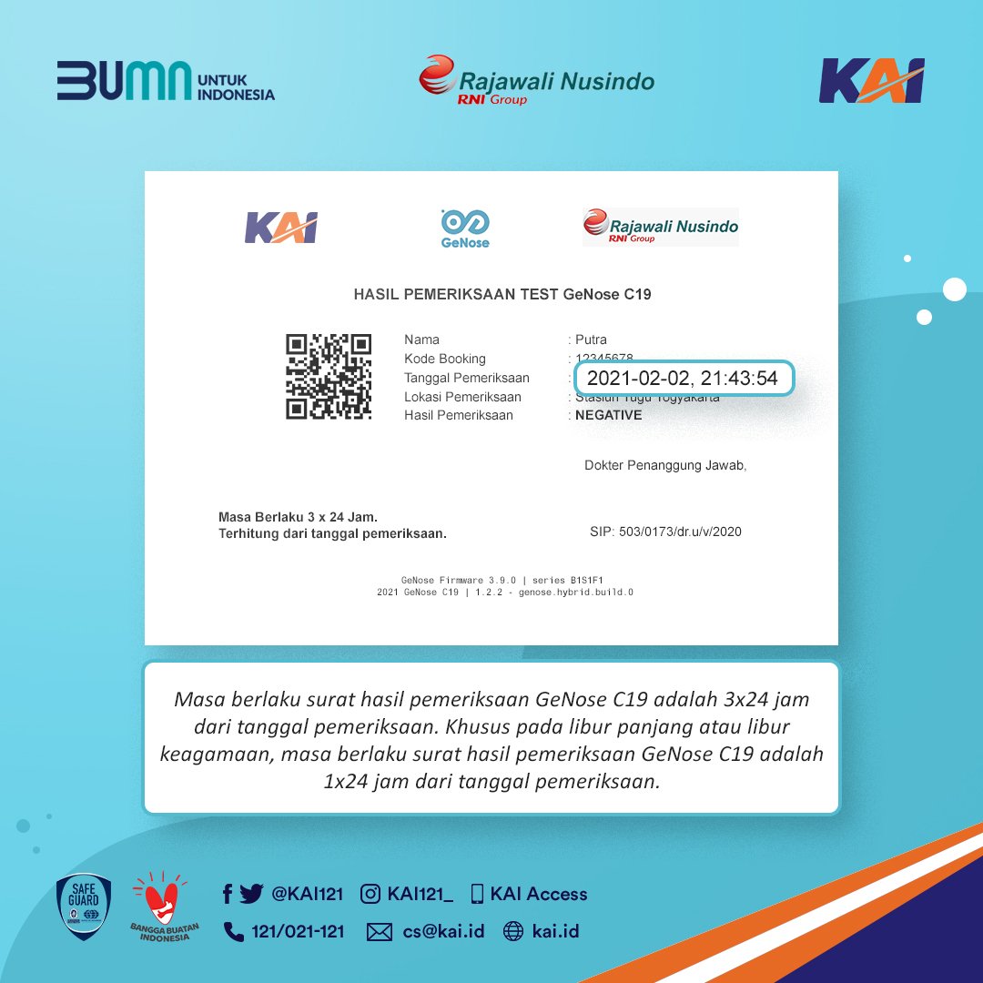 Ketahui Masa Berlaku Hasil Pemeriksaan GeNose C19 Dari Tanggal Pemeriksaan

Sesuai pembaruan regulasi, masa berlaku hasil pemeriksaan GeNose C19: 3×24 jam dr pengambilan sampel (tanggal pemeriksaan) &amp; pd libur panjang/keagamaan: 1×24 jam dr pengambilan sampel.

#KAIHadirkanGeNose