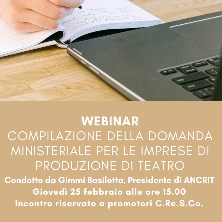 WEBINAR - COMPILAZIONE DELLA DOMANDA MINISTERIALE PER LE IMPRESE DI PRODUZIONE DI TEATRO

Condotto da Gimmi Basilotta, Presidente di ANCRIT
Giovedì 25 febbraio alle ore 15.00
Incontro riservato a promotori C.Re.S.Co.

👉🔗bit.ly/2NwgKBg