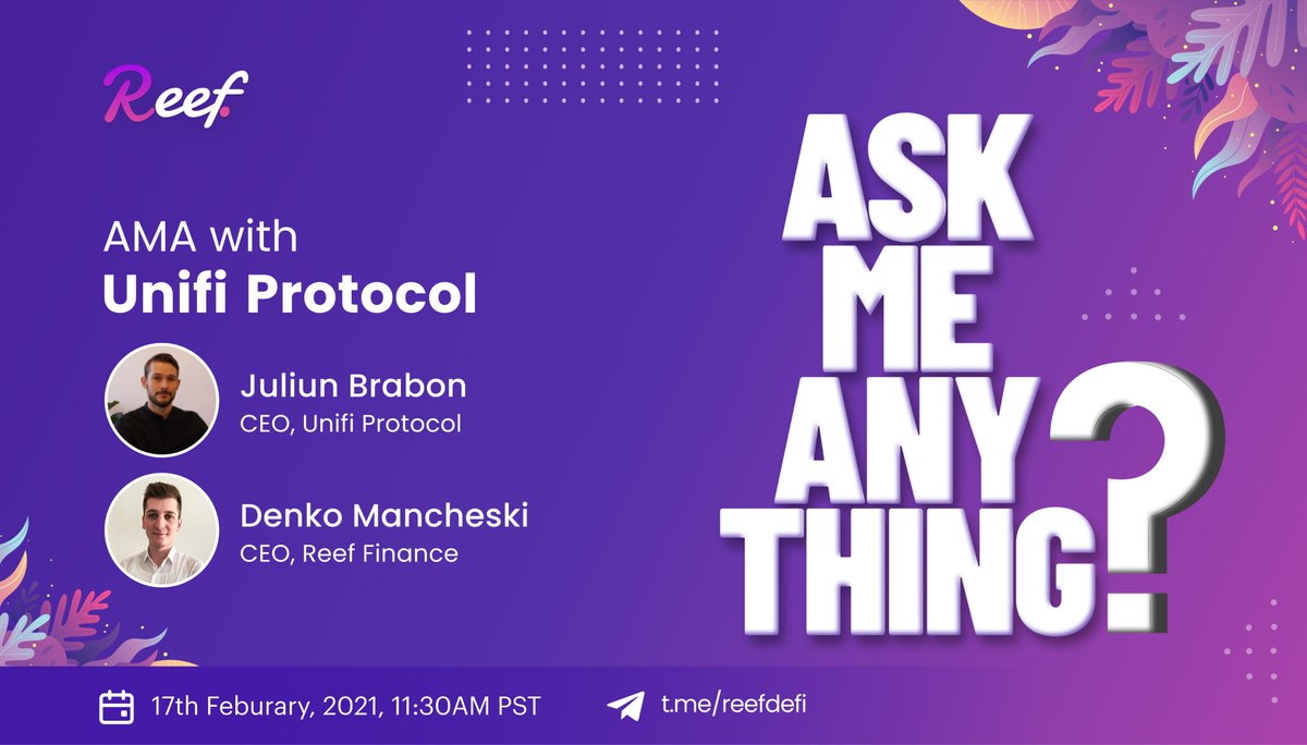 Get ready for an AMA with our partner, <a href="/unifiprotocol/">Unifi Protocol</a>, on our Telegram Channel

Join this AMA session to learn more about Unifi Protocol, our partnership, our ventures together, and plans for the future.

🔸Date: 17th Feb
🔸Time: 11:30 AM PST
🔸Venue: t.me/reefdefi