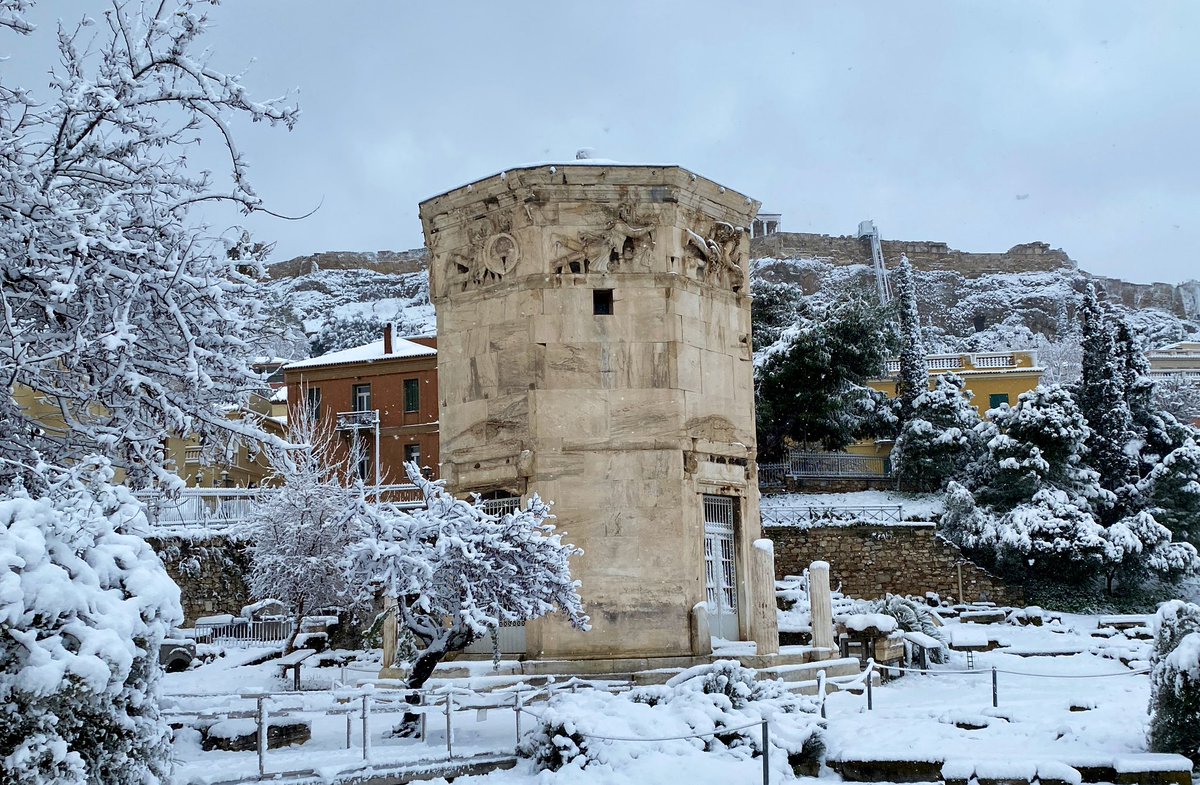 A snowy visit to the north side of the Tower of the Winds in the Roman Agora. Boreas, the god of the cold north wind is working overtime today! #greece  #athens  #Archaeology  #χιονι  #Μηδεια