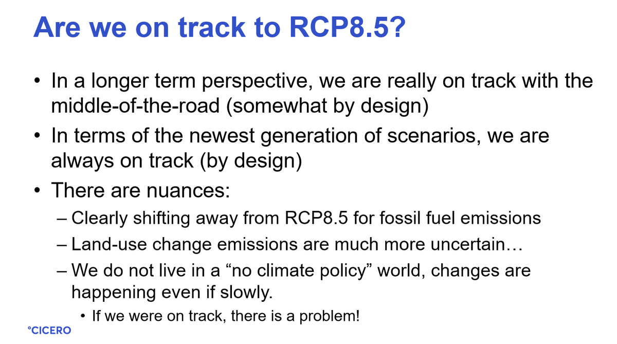 23. Are we on track to RCP8.5?We are on track with the middle-of-the-road. This is somewhat by design.Each new generation of scenarios is updated with recent trends (see tweet 23 & older scenarios). We are clearly shifting from RCP8.5, but RCP6 is weird so we have a big gap!