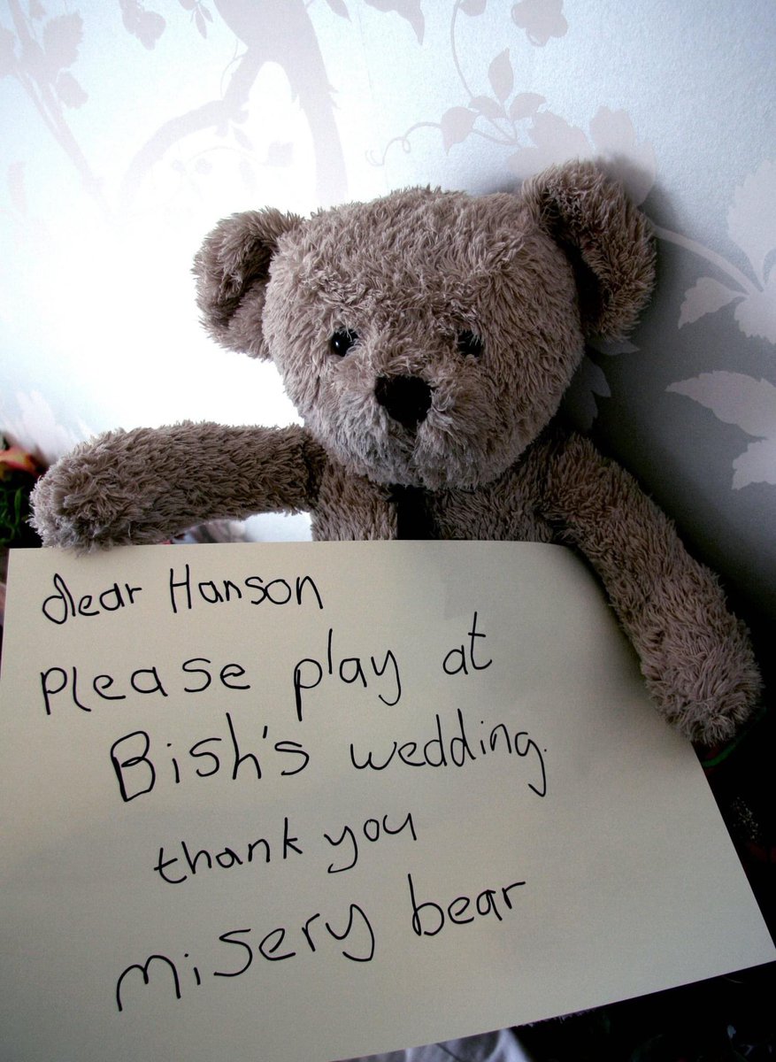 Lots of people got involved and helped the cause, including  @wheatus,  @robertpopper,  @MiseryBear and a guy who handmade glittery  #hansonatmywedding T-Shirts for us