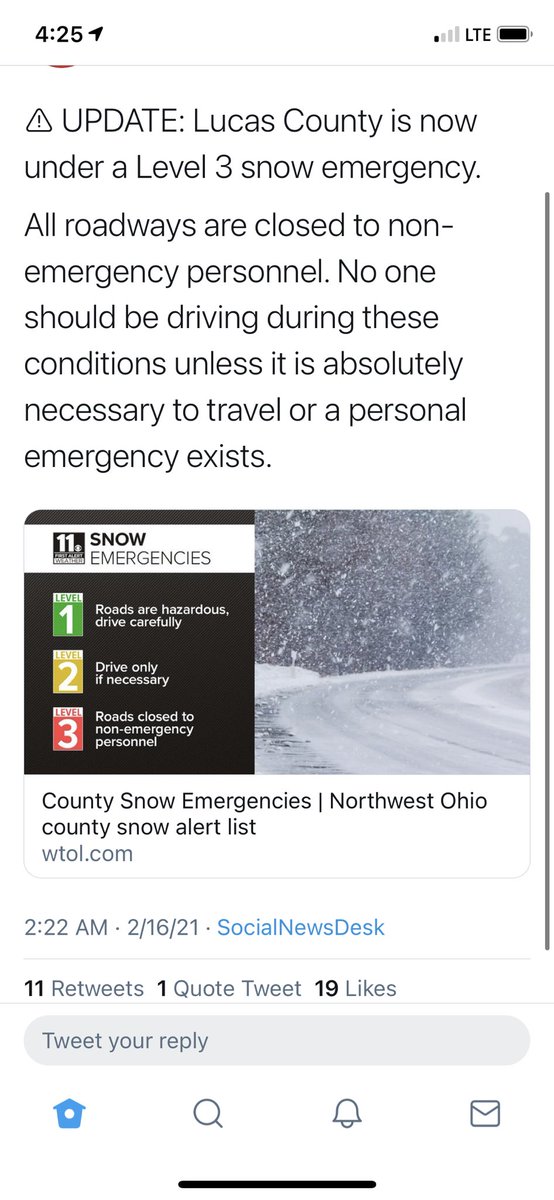 AdamFineske's tweet photo. Due to the Level 3 snow emergency in Lucas County our @ohschools will be CLOSED today Tuesday, February 16, 2021. Please stay safe and warm. #GoGreenBears https://t.co/4RfTJ94OCV