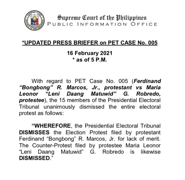 Contrary to statement of Marcos’ spox that only the second cause of action has been junked, Supreme Court clarifies the entire election protest was dismissed. Also dismissed is VP Leni Robredo’s counter-protest. | via  @mikenavallo