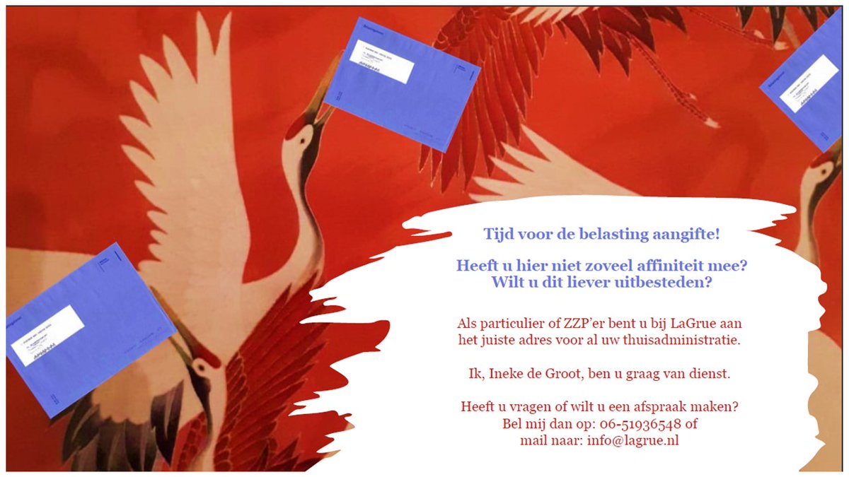 De tijd van de #belastingaangifte komt eraan. Voor veel mensen een vervelende klus. 
Maar niet voor ons lid Ineke van La Grue. Zij helpt je graag met je aangifte en andere thuis administratieve zaken.
Je kunt met haar contact opnemen via info@lagrue.nl of 06-519 36548.