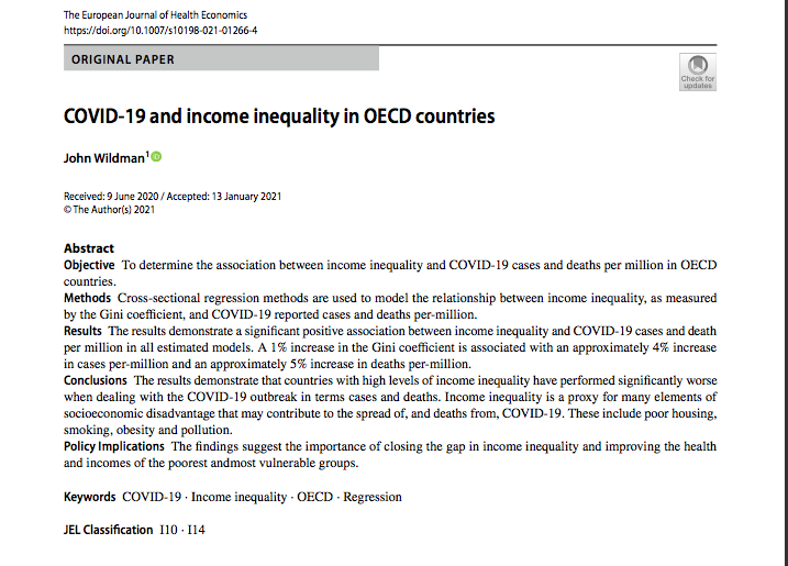 New Publication: 'COVID‐19 and income inequality in OECD countries' by Prof John Wildman in European Journal of Health Economics. Paper link: link.springer.com/article/10.100… #healtheconomics #income #inequality #COVID19 RT