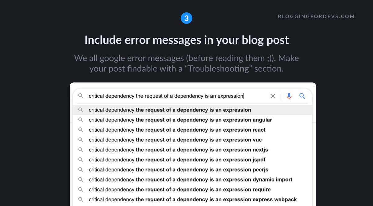 3/ Include error messages in your postWhen's the last time you followed a tutorial and didn't have any errors pop up? Basically never.Including solutions to errors is great for readers, and helps those of us googling error messages (before reading them ) find your blog.