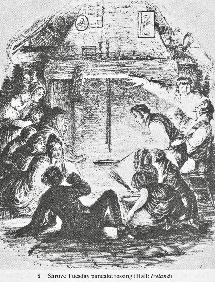 Marriage divination was often practised as the pancakes were made, and the young people of the house were each given an opportunity to flip the pancake, beginning with the eldest girl. If the pancake is successfully flipped, she will have luck in marriage in the coming year.