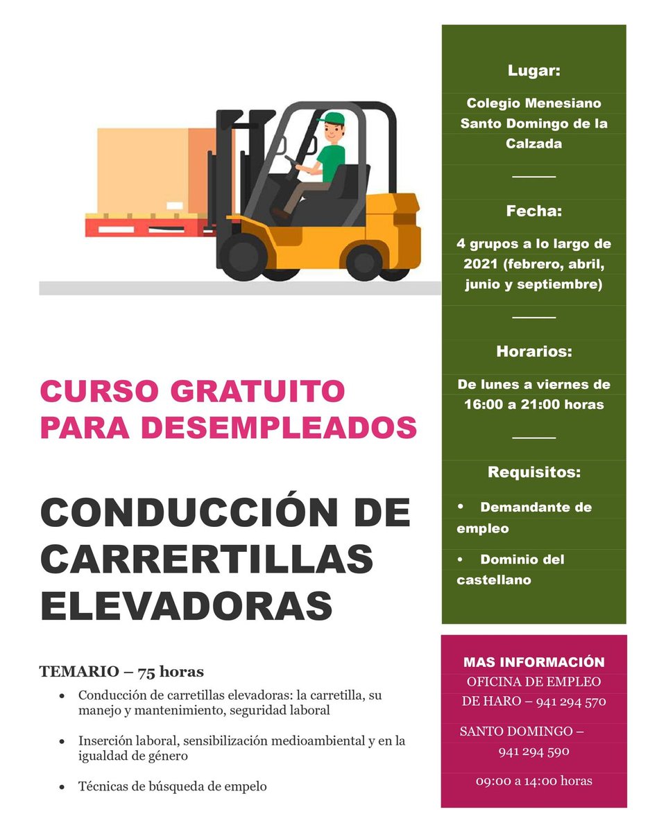🙋🏽‍♀️🙋🏼‍♂️ Si eres demandante de empleo: 🚧 ℕ𝕦𝕖𝕧𝕒 𝕠𝕡𝕠𝕣𝕥𝕦𝕟𝕚𝕕𝕒𝕕 𝕡𝕒𝕣𝕒 𝕗𝕠𝕣𝕞𝕒𝕣-𝕋𝔼 🚧 📦 Curso de conducción de carretillas elevadoras. 📌 Santo Domingo de la Calzada. 7️⃣5️⃣ horas. #IrjEmancipación