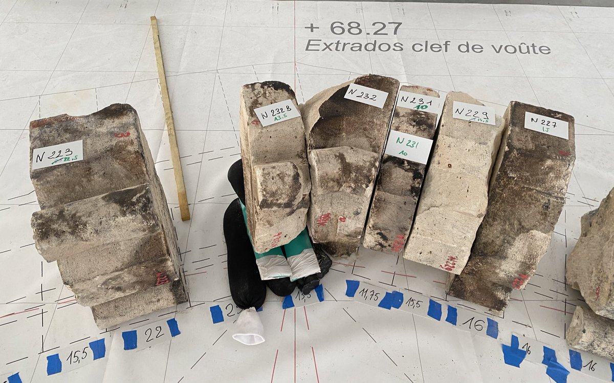 A Belgian-American architect Andrew Tallon made detailed plans of Notre Dame in 2010. This is the result of some of his work: architects map out parts of the cathedral, with stone retrieved from the floor. This is a medieval arch from the nave being pieced together