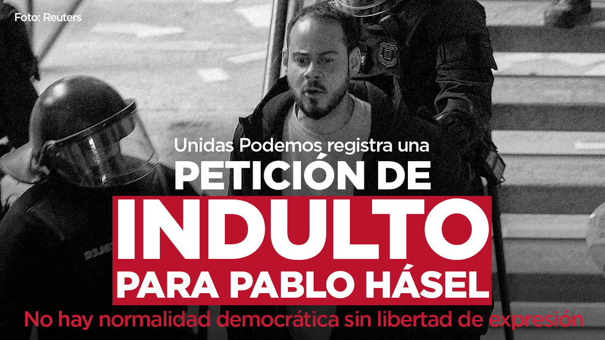 PODEMOS's tweet photo. Pedimos el indulto para Pablo Hasél mientras se tramita nuestra ley por la libertad de expresión.

Pese a las trabas y a los ataques, seguimos trabajando para mejorar la calidad democrática de nuestro país. https://t.co/Y8FtWwbLAD