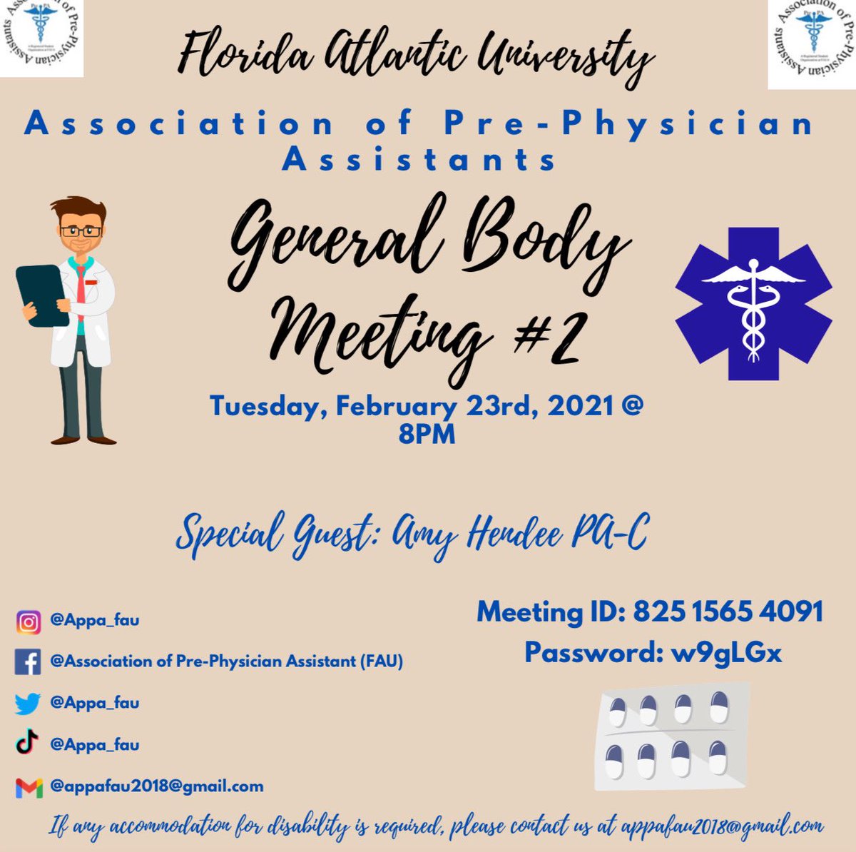 Hello APPA members! Our 2nd General Body Meeting will be held on Tuesday, February 23rd, 2021 at 8 PM! We will be having a special guest Amy Hendee, PA-C . She will discuss about her role as a PA and her experiences working in healthcare during a global pandemic.🩺⚕️
