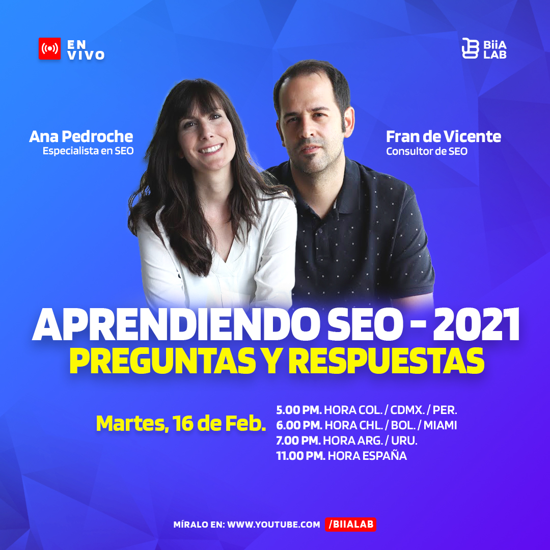 🔴¡Sorpresa!🔴  #HOY en nuestro canal de YOUTUBE a alas 05:00 P.M (Hora Colombia 🇨🇴)  <a href="/ana_pedroche/">Ana Pedroche</a>  y @frandevicente CEO de la agencia de marketing digital Tu posicionamiento web, y de la 1ª escuela online de Optimizer Managers

#GánateLaVidaConGoogle Interactúa #ENVIVO #biialab