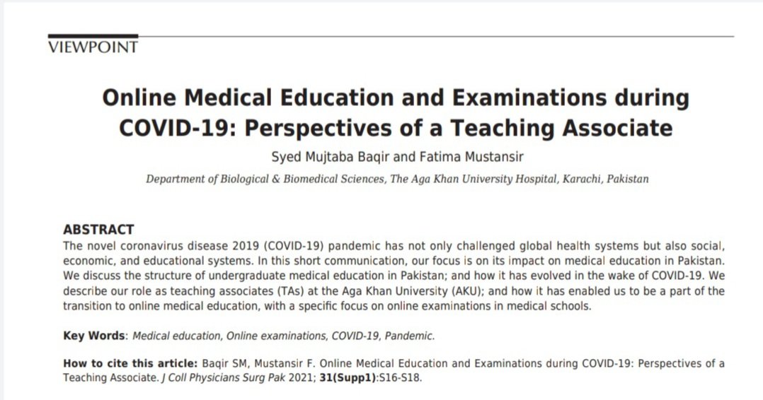 Syed Mujtaba Baqir (@smb0019) on Twitter photo Excited to publish the work of a Teaching Associate @akuglobal, especially in the light of challenges brought by the pandemic. A special thanks to the faculty who mentored us. <a href="/f_mustansir/">Fatima Mustansir, MD</a> <a href="/doctorsadia1/">Syeda Sadia Fatima</a> <a href="/KulsoomGhias/">Kulsoom Ghias</a>
Link: jcpsp.pk/article-detail… Excited to publish the work of a Teaching Associate @akuglobal, especially in the light of challenges brought by the pandemic. A special thanks to the faculty who mentored us. <a href="/f_mustansir/">Fatima Mustansir, MD</a> <a href="/doctorsadia1/">Syeda Sadia Fatima</a> <a href="/KulsoomGhias/">Kulsoom Ghias</a>
Link: jcpsp.pk/article-detail…