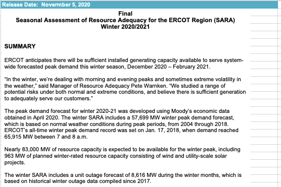 This  #TexasFreeze event is FAR outside what ERCOT planned for. Their 2020/2021 Winter Resource Adequacy Assessment estimated a worst case scenario "Extreme Pead Load/Extremee Generation Outages" scenario that included 13,953 MW of total thermal outages  http://www.ercot.com/content/wcm/lists/197378/SARA-PreliminaryWinter2020-2021.pdf