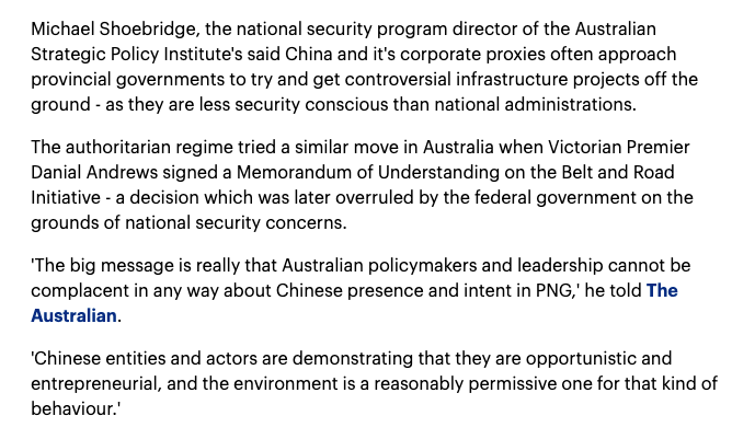 On the very day Feb. 4 of the first reports,  @ASPI_org apparently has an expert with a 10-paragraph analysis published almost immediately on  @australian - either extremely competent or well-prepared.  @DailyMailAU also used the quote. https://www.aspi.org.au/opinion/papua-new-guinea-offer-stalking-horse-china21/