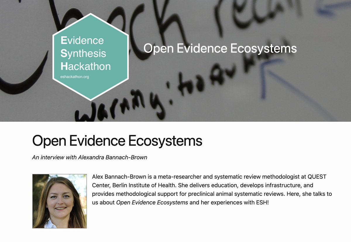 eshackathon's tweet photo. Check out our latest blog post: @ABannachBrown tells us all about her work on 'Open Evidence Ecosystems' and her experiences at ESH events!
#EvidenceSynthesis #ESTechnology #ESHackathon #OpenSynthesis #EvidenceEcosystems
https://t.co/GqBS67rO0E https://t.co/TSEVubZQT3