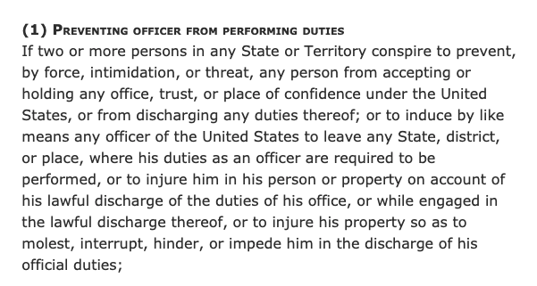Here's the full text of the section of the Ku Klux Klan Act, 42 USC 1985(1), that Thompson is invoking to sue Trump  https://www.law.cornell.edu/uscode/text/42/1985