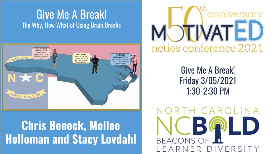 techguybeneck's tweet image. We ALL need a break!  Come join @MolleeBranden @braveneutrino and I for the WHY, HOW &amp;amp; WHAT of using Brain Breaks with your students!  TODAY @1:30 PM.  #NCTIES21 #NCBOLD