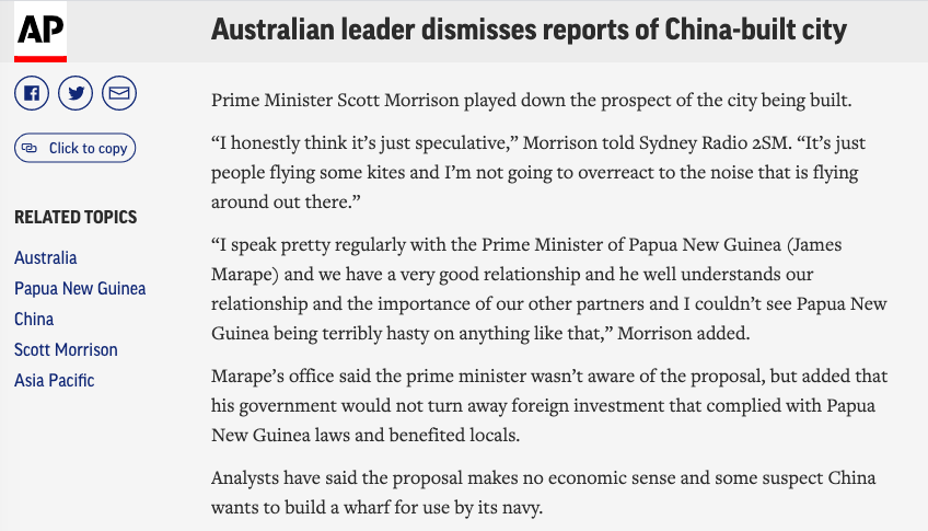 Australian PM Morrison later dismissed the media reports as "speculative" and compared it to "just people flying some kites and I’m not going to overreact to the noise that is flying around out there.”I'm just curious who is flying the kites and making the noise?24/