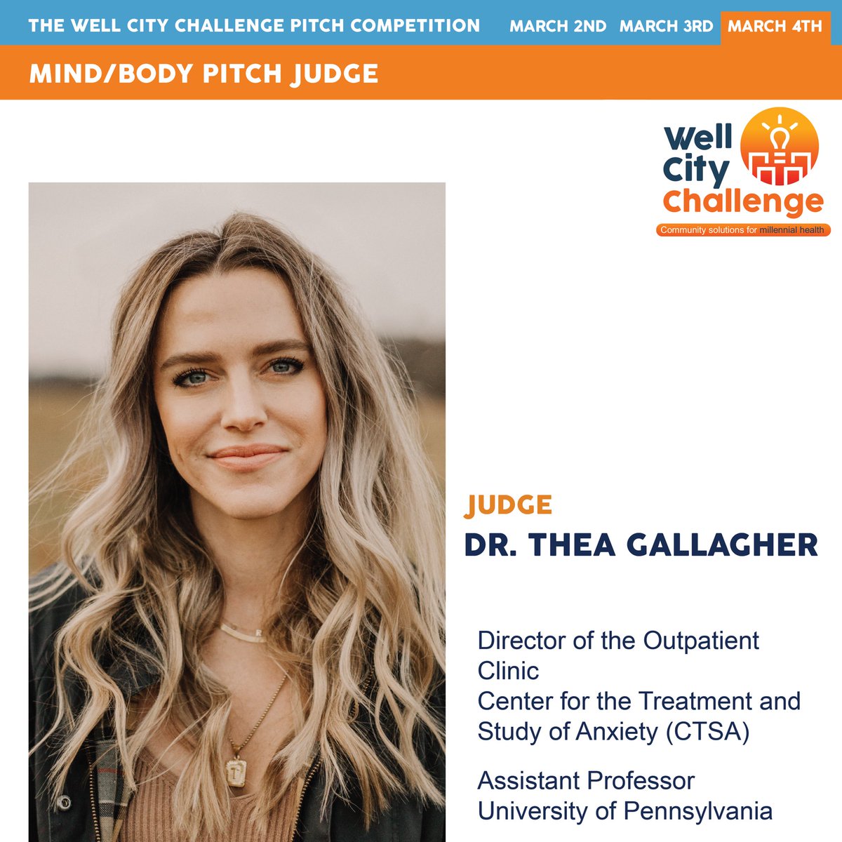 I’m excited to share that I will be a judge for the Mind &amp; Body #WellCityChallenge Pitch Competition!

I invite you to attend the Pitch Competition presented by <a href="/EconomyLeague/">Economy League</a> and vote for your favorite concept to win on March 4th!

Register here ▶️wellcitychallenge.eventbrite.com
