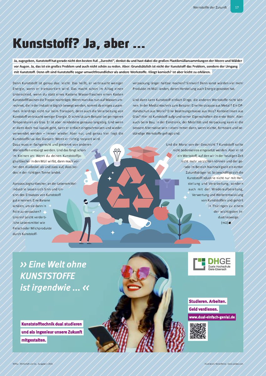 Die aktuellen Ausgabe der WiYou gibt Schülerinnen und Schülern einen umfangreichen Einblick in die Welt der Werkstoffe. Die DHGE präsentiert sich mit einer Anzeige zur Engineering-Studienrichtung Kunststofftechnik. Mehr Infos finden sich hier: dhge.de/DHGE/Studienga…