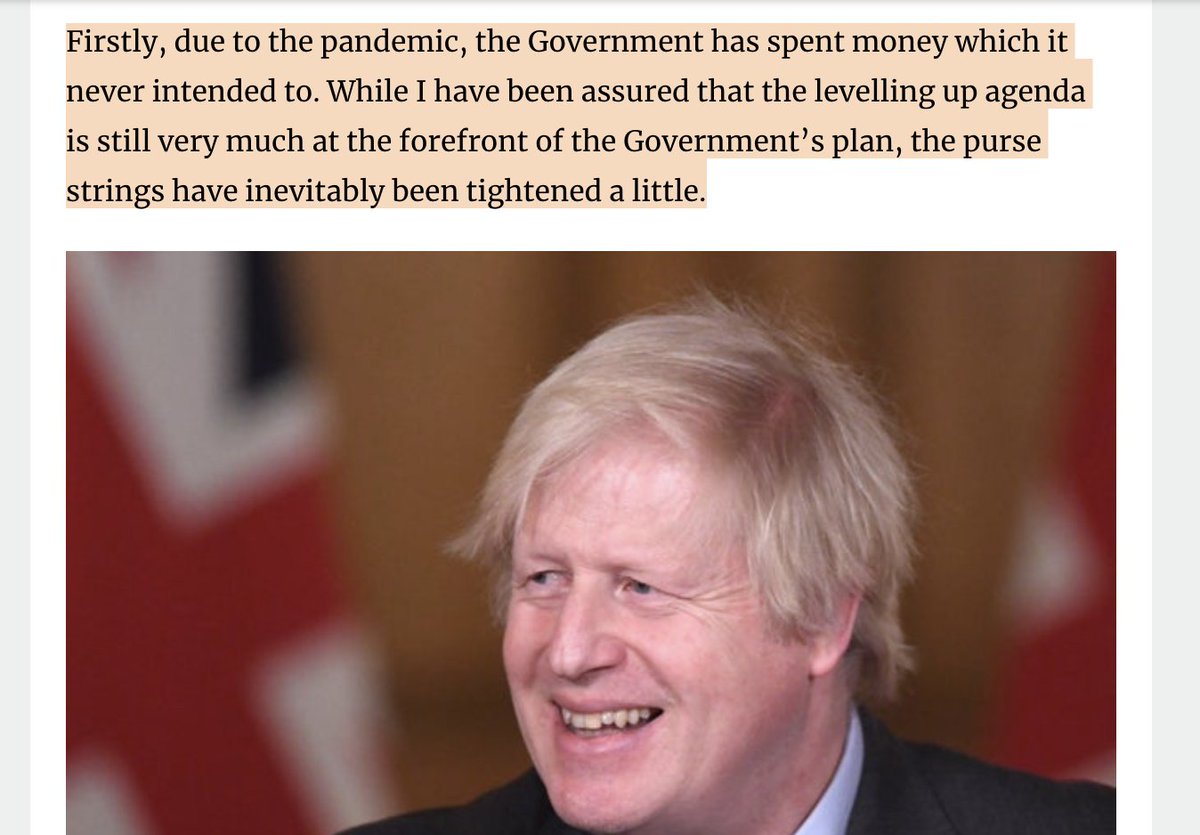 3) So he says levelling isn't about money & a few para later he's telling us that spending is going to be tighter --- which he writes in a way that says "well obviously?!" He is writing a piece that is essentially pro cutting, instead of really funding the people of "The North"