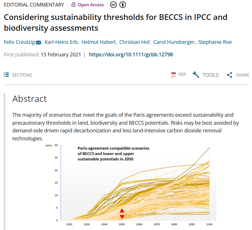 1/7 Bioenergy for climate change mitigation overrated? Our paper suggests that sustainability threshold translate into much more limited bioenergy and BECCS potential.  https://onlinelibrary.wiley.com/doi/10.1111/gcbb.12798#.YCuLYJT9rTk.twitter @Peters_Glen  @ecoguy