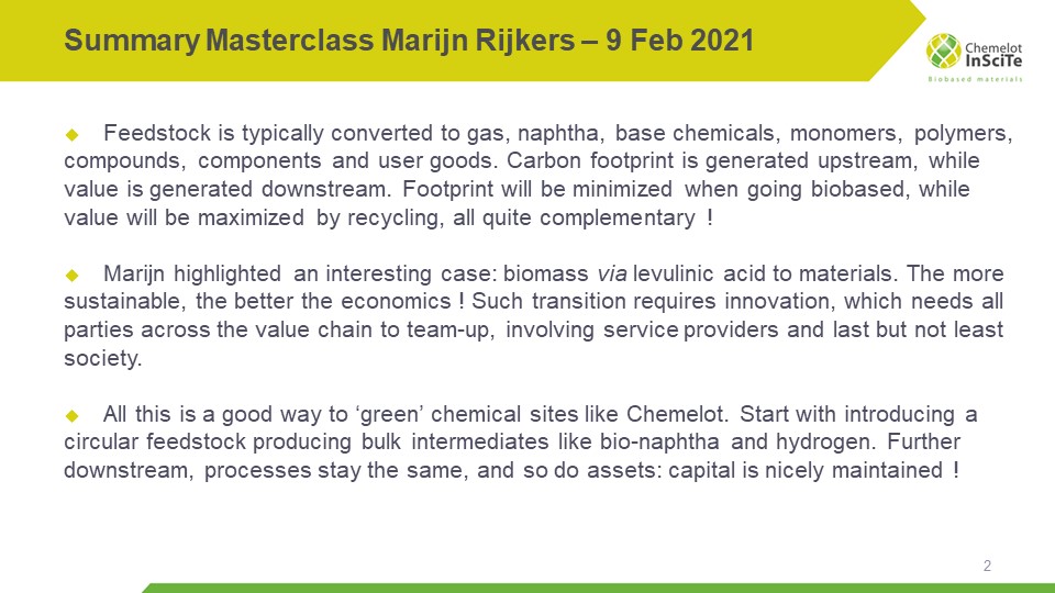 nr. 2: Interesting thread with views on the transition we can make to circular chemicals and materials by Marijn Rijkers  @BL_Chemelot Campus' Masterclass. Check out this 3 slide summary: slide 2