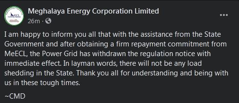 ddnewsshillong's tweet photo. Meghalaya Energy Corporation Limited Chairman &amp; Managing Director informs that there will be no more load shedding in Meghalaya https://t.co/Vyb1Jk0nhA