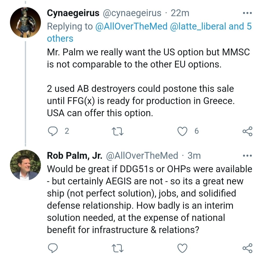 O Rob Palm Jr, τέως αμυντικός κ ναυτικός ακόλουθος στην Αμερικανική πρεσβεία κ νυν αντιπρόεδρος της ONEX ξεκαθαρίζει ότι δεν υπάρχουν DDG51 διαθέσιμα. Από κάτω γράφει ' σίγουρα τα Aegis(???) δεν είναι διαθέσιμα'

Επαναλαμβάνω 
 
DDG51 ΔΕΝ ΕΙΝΑΙ ΔΙΑΘΕΣΙΜΑ