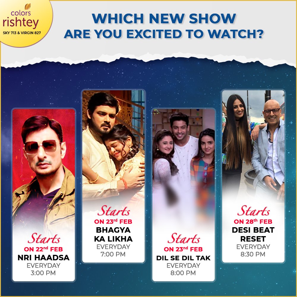 Write down the name of your favorite shows in the comments below.

@rajghai @NAYHAOfficial @TheRashamiDesai @jasminbhasin @sidharth_shukla
 
#NewShows #NRIHaadsa #BhagyaKaLIkha #DilSeDilTak #DesiBeatReset #RushadRana #RashmiDesai #JasminBhasin #SiddharthShukla #RajGhai #Nayha #UK