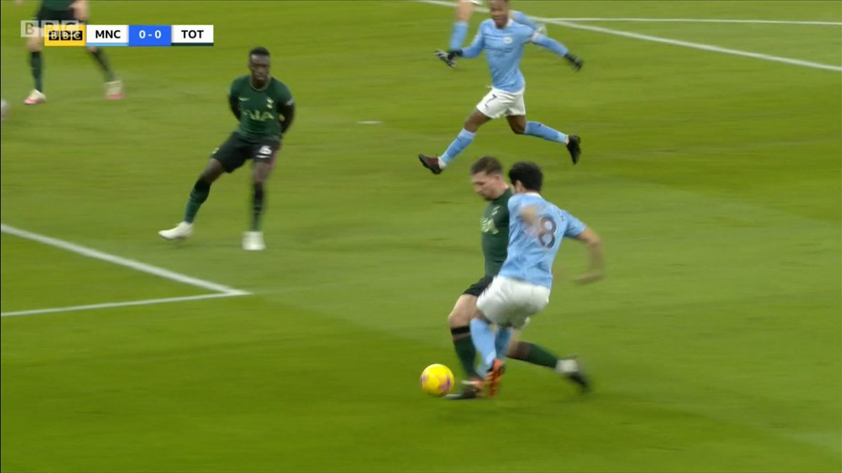 On Man City's penalty. Spurs fans wanted a foul BY Ilkay Gundogan on Pierre-Emile Hojbjerg. It's tough to definitively see the contact by Gundogan. I accept there's a case, but it would be very difficult for VAR to overrule this based on the available evidence.