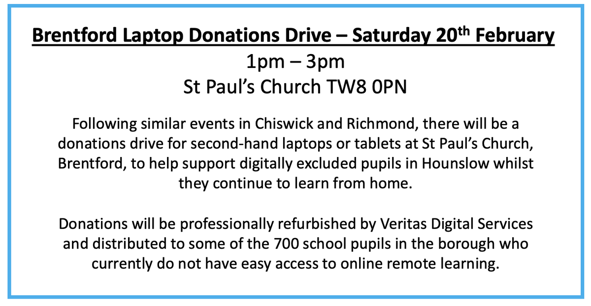 Jack_Emsley1's tweet photo. Hey #Brentford neighbours - Have an old laptop or tablet you don't need anymore? @RonnieMushiso and I will be at St Paul's church (@PoBrentford) this Saturday between 1-3pm collecting old devices to help digitally excluded pupils in #Hounslow - Hope to see you there 👇 https://t.co/7MzZQakchR