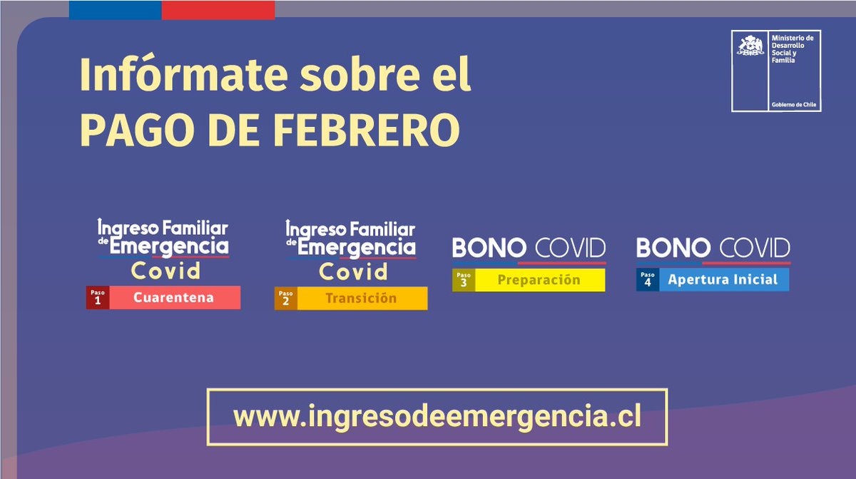Hasta el 18 de febrero en ingresodeemergencia.cl 

El #IFECovid se entregará a hogares vulnerables de comunas que han estado en Cuarentena y Transición, mientras que el #BonoCovid apoyará a los hogares vulnerables de comunas en Preparación y Apertura Inicial 🙌🏻.