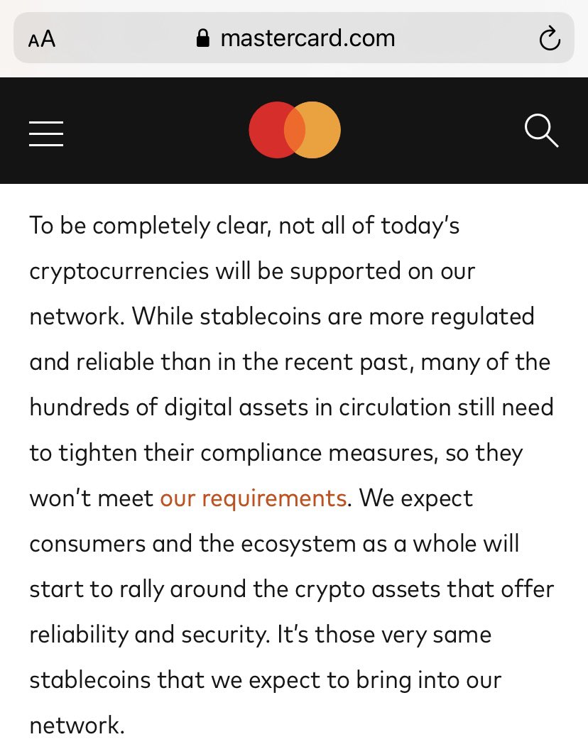 Mastercard is very clear on its direction: no volatile currencies, no  $BTC, no  $LTC, no  $XMR, but stablecoins are the only reliable form of currency. The two largest stablecoins  $USDT and  $USDC have been deployed on Algorand. $ALGO