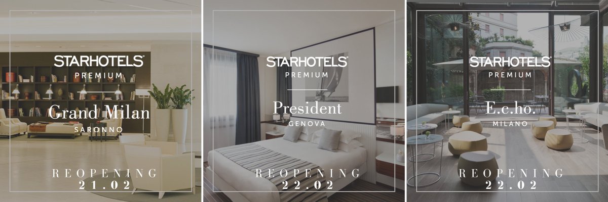 We are delighted to announce some new reopenings in Italy: Starhotels Grand Milan - Saronno will reopen on February 21st, followed by Starhotels President - Genova and Starhotels E.c.ho. - Milano on February 22nd. We look forward to welcoming you back! #starhotels #hotels #travel