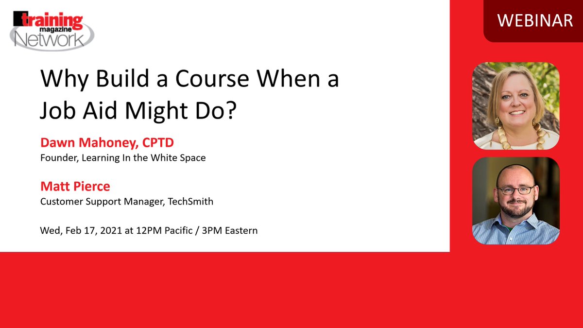 trainmagnetwork's tweet photo. WEBINAR TOMORROW: Why Build a Course When a Job Aid Might Do? @TechSmith @PierceMR, https://t.co/IVokzAHUBd #training #learning #eLearning #TrainingAndDevelopment #LearningDesign #jobaids https://t.co/xkwpJHLjiK