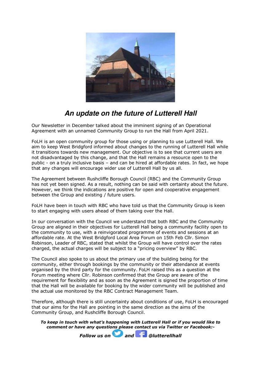 Here's an update on the future of Lutterell Hall by the Friends of Lutterell Hall which includes a response to a question we asked of Cllr. Simon Robinson, Leader of @Rushcliffe at a meeting of the #WestBridgford Local Area Forum last night. Pls share & get in touch #Community