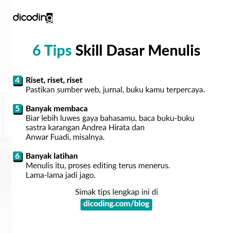 dicoding's tweet photo. Tips penting buat kamu yang ingin mulai jadi penulis! โ๐ป
.
๐ Simak ya detailnya berikut ini
.
https://t.co/2xMVZX4Cvf
.
#dicodingtips #dicodingblog #dicoding https://t.co/V83lACTSIK