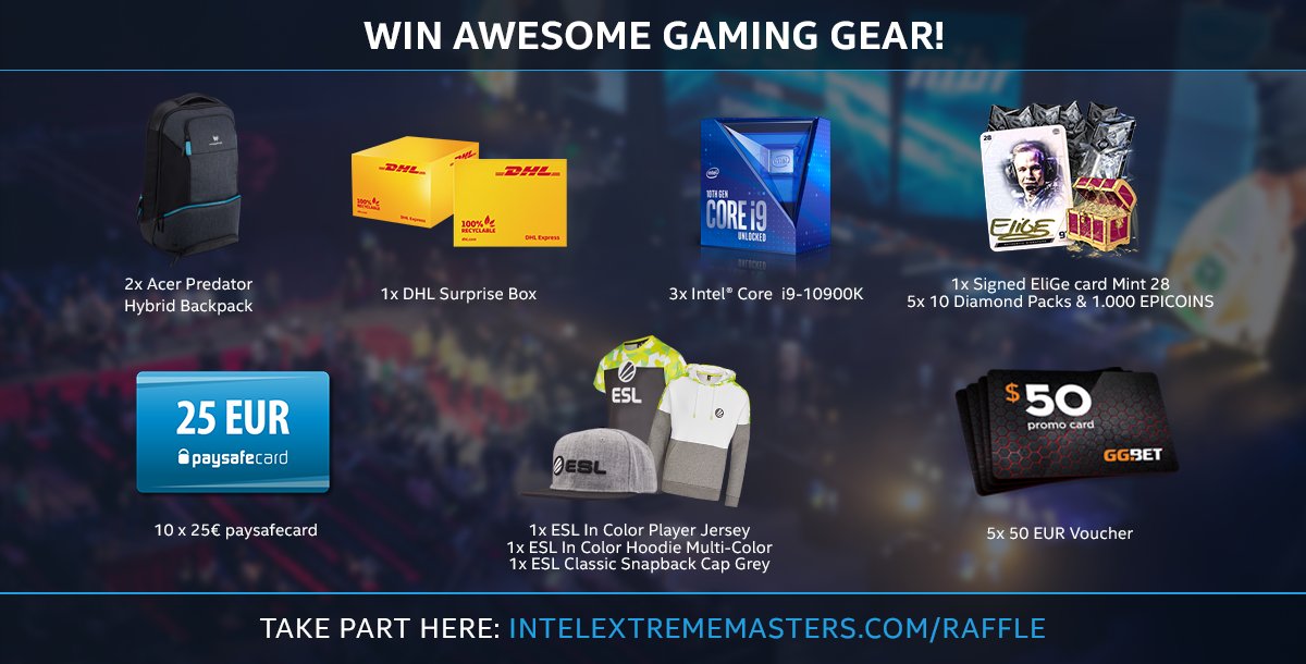 Enter the #IEM Katowice giveaway and you could win some amazing prizes from our partners! @IntelGaming @DeutschePostDHL @PredatorGaming @EpicsGG @paysafecard @ggbetofficial @ESLShop 👉intelextrememasters.com/raffle
