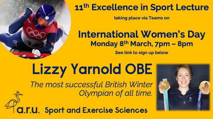 Our 11th Excellence in Sport Lecture will take place on International Women's Day. We are are hugely excited to be joined by Britain’s most successful Winter Olympian <a href="/LizYarnold/">Lizzy Yarnold</a>.
Everyone is welcome to join us just sign up here: tinyurl.com/n823n4yb 
<a href="/SESRG_ARU/">CCSES</a> <a href="/AngliaRuskin/">ARU</a>
