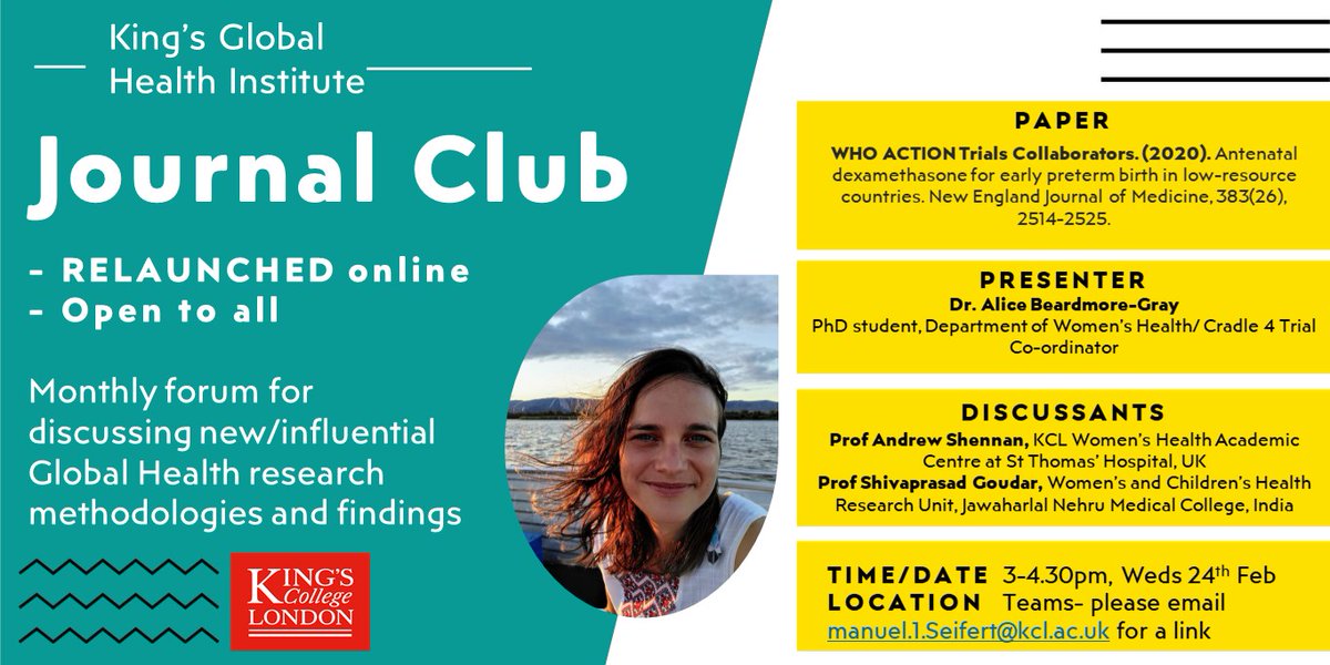 Excited to announce the relaunch of our <a href="/KingsGHI/">King's Global Health Institute</a>  #GlobalHealth Journal Club- next Weds 24th Feb on Teams. Open to all. Looking forward to some interesting #WomensHealth discussion with <a href="/alicebgray/">Dr. Alice Beardmore-Gray</a> <a href="/AndrewShennan/">Andrew Shennan</a> &amp; Prof. Shivaprasad Goudar <a href="/assetKGHI/">ASSET GHRU</a> <a href="/KingsGHI/">King's Global Health Institute</a> <a href="/SandallJane/">Prof Jane Sandall CBE</a>